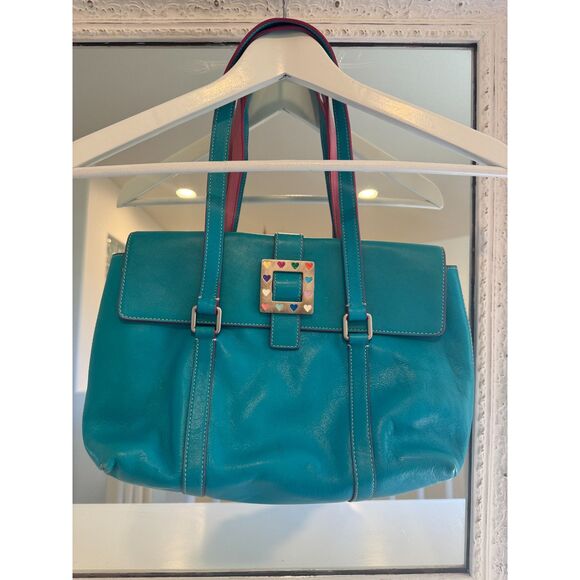 Dooney & Bourke Vintage Turquoise Blue Leather Heart Buckle Tote Shoulder Bag - Picture 1 of 10